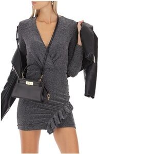 IRO Noize Ruffled Wrap Effect Metallic Silver Black Rib Knit Mini Party Dress 34